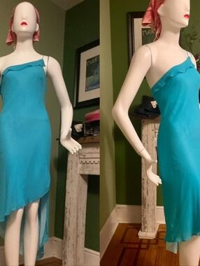 Express SILK Turquoise Asymmetrical Slip Dress, Single Strap size S